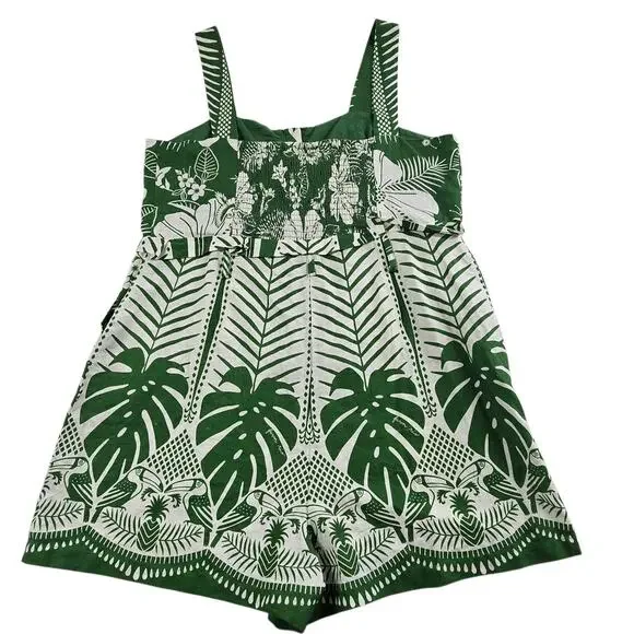 Farm Rio Macaw Elegance Romper Green White Women's XL Palm Print NEW FLAWS